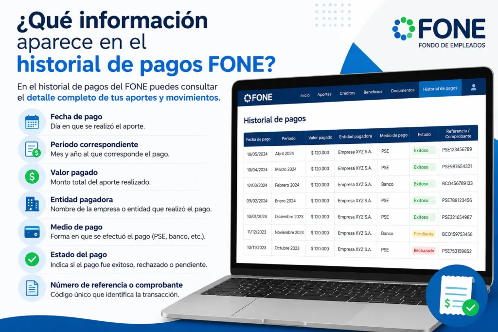 ¿Qué información aparece en el historial de pagos FONE?